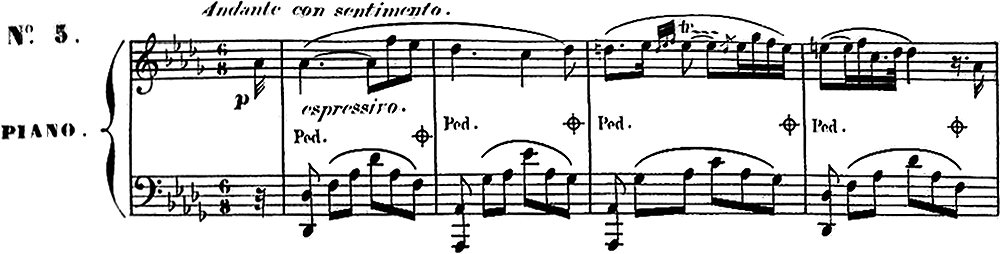 C. チェルニー《6つの練習曲, またはサロンの楽しみ》 作品754, 第5番〈ロマンス〉、1～4小節
