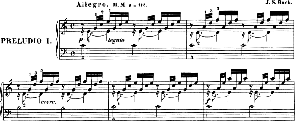 バッハの《平均律クラヴィーア曲集》第1巻, 〈前奏曲〉第1番, 第1?5小節（チェルニー校訂楽譜より引用）