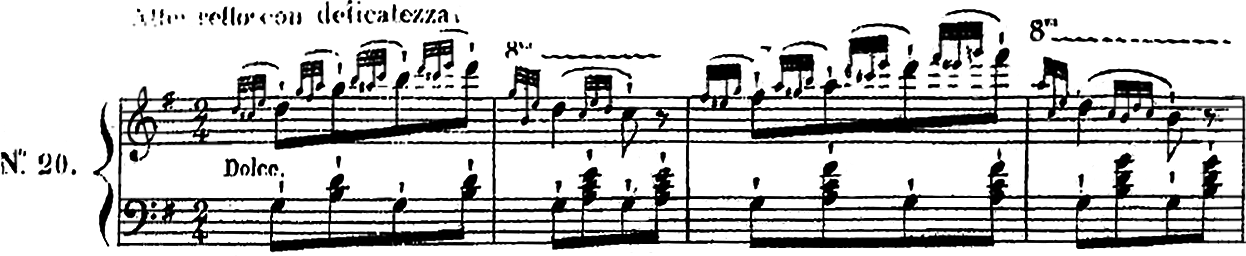 ヅィメルマンの《25の練習曲》作品21（1831）第20番、ト長調、第1～4小節