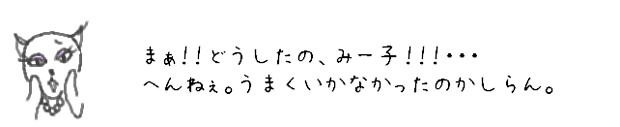 まぁ！！どうしたの、みー子！！！・・・へんねぇ。うまくいかなかったのかしらん。