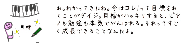 お。わかってきたね。今はコレ！って目標をおくことがダイジ。目標がハッキリすると、ピアノも勉強も本気でがんばれる。それってすごく成長できることなんだよ。