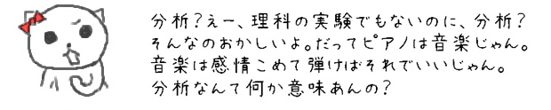 分析？えー、理科の実験でもないのに、分析？そんなのおかしいよ。だってピアノは音楽じゃん。音楽は感情こめて弾けばそれでいいじゃん。分析って、何を分析すんの？そっちこそ何か意味あんの？