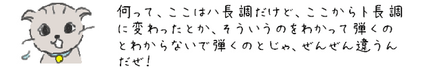 何って、ここはハ長調だけど、ここからト長調に変わったとか、そういうのをわかって弾くのとわからないで弾くのとじゃ、ぜんぜん違うんだぜ！