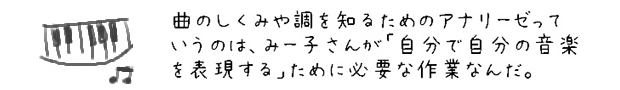 曲のしくみや調を知るためのアナリーゼっていうのは、みー子さんが「自分で自分の音楽を表現する」ために必要な作業なんだ。