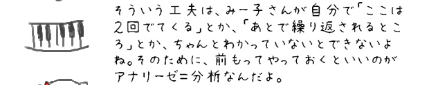 そういう工夫は、みー子さんが自分で「ここは２回でてくる」とか、「あとで繰り返されるところ」とか、ちゃんとわかっていないとできないよね。そのために、前もってやっておくといいのがアナリーゼ＝分析なんだよ。