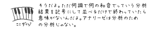 そうだよ。ただ何調で何の和音でっていう文責結果を記号にして並べるだけで終っていたら意味がないんだよ。アナリーゼは文責のための文責じゃない。