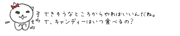 できそうなところからやればいいんだね。で、キャンディーはいつ食べるの？