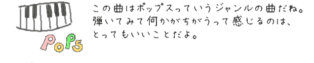 この曲はポップスっていうジャンルの曲だね。弾いてみて何かがちがうって感じるのは、とってもいいことだよ。