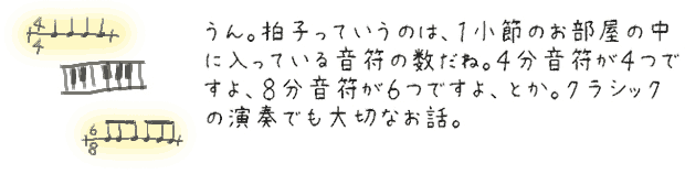 うん。拍子っていうのは、１小節のお部屋の中に入っている音符の数だね。４分音符が４つですよ、８分音符が６つですよ、とか。クラシックの演奏でも大切なお話。