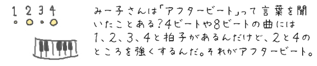 みー子さんは、「裏拍」って言葉を聞いたことある？４ビートの曲は、１、２、３、４と拍子があったら、２と４のところを強くするんだ。それが４ビート。