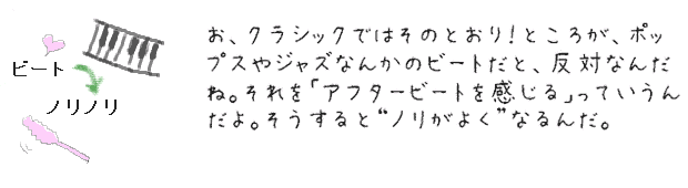 お、クラシックではそのとおり！ところが、ポップスやジャズなんかのビートだと、２拍目と４拍目を強くするんだ。それを「裏拍を感じる」っていうんだよ。そうすると、