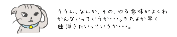 ううん、なんか、その、やる意味がよくわかんないっていうか・・・。それよか早く曲弾きたいっていうか・・・。