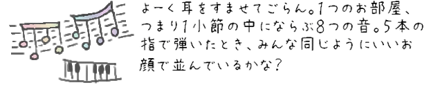 よーく耳をすませてごらん。１つのお部屋、つまり１小節の中にならぶ８つの音。５本の指で弾いたとき、みんな同じようにいいお顔で並んでいるかな？