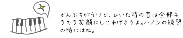 ぜんぶちがうけど、ひいた時の音は全部キラキラ笑顔にしてあげようよ。ハノンの練習の時にはね。