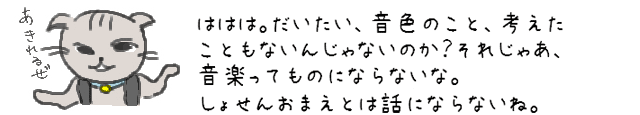 ははは。だいたい、音色のこと、考えたこともないんじゃないのか？それじゃあ、音楽ってものにならないな。しょせんおまえとは話にならないね。