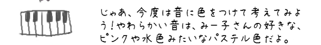 じゃあ、今度は音に色をつけて考えてみよう！やわらかい音は、みー子さんの好きな、ピンクや水色みたいなパステル色だよ。