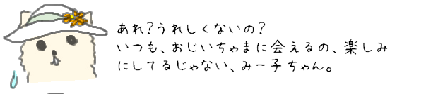 あれ？うれしくないの？いつも、おじいちゃまに会えるの、楽しみにしているじゃない、みー子ちゃん。