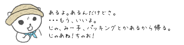 あるよ。あるんだけどさ。・・・もういいよ。じゃ、みー子、パッキングとかあるから帰る。じゃあね！ちゃお！